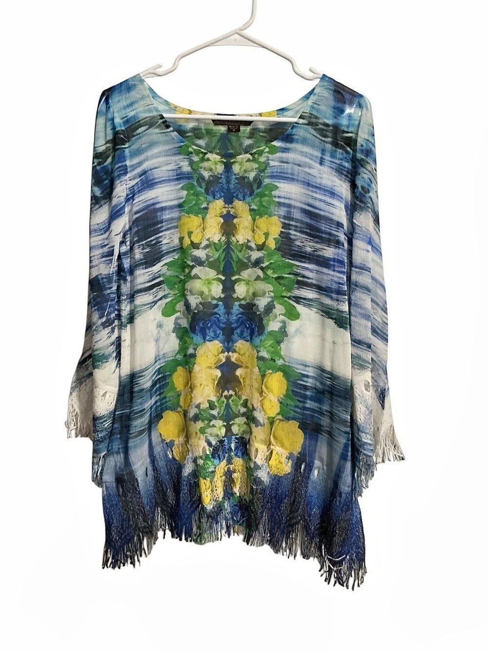 Mushka By Sienna  Rose Boho Sheer Tunic Top size M Fringe Hem Multicolor